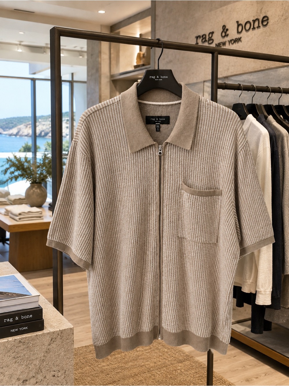 Rag & Bone Zuma Zip Knit Polo Shirt XXL Taupe Stripe NWOT